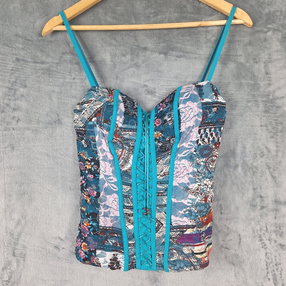 Womens Corset Top Medium Y2K Floral Lace Up Bustier Patchwork Coquette Fairy